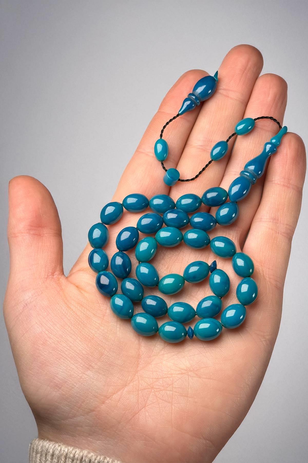 Usta İşçilik Mavi Renk Sıkma Kehribar Tesbih | Tesbih Kenti