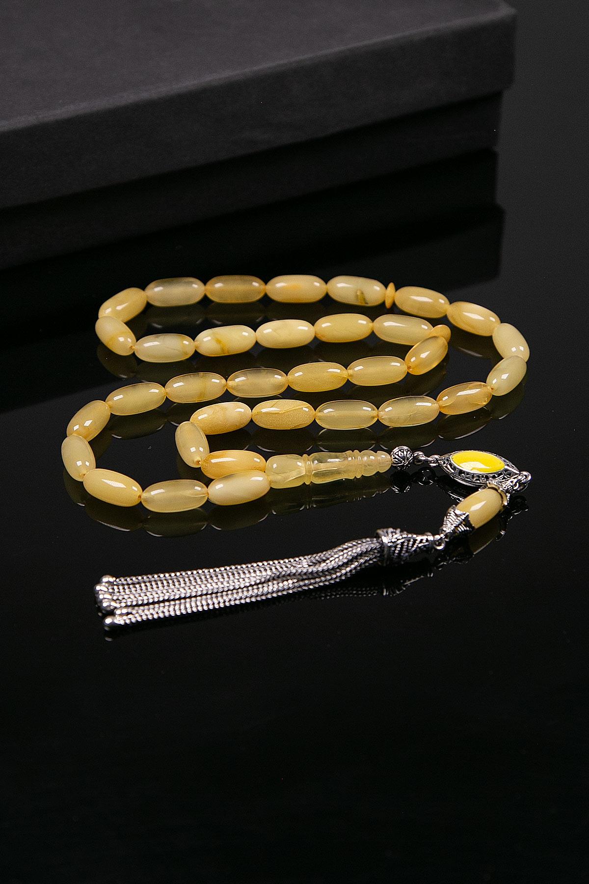 Uzun Arpa Gümüş Mine Püsküllü Boy Kaya Damla Kehribar Tesbih