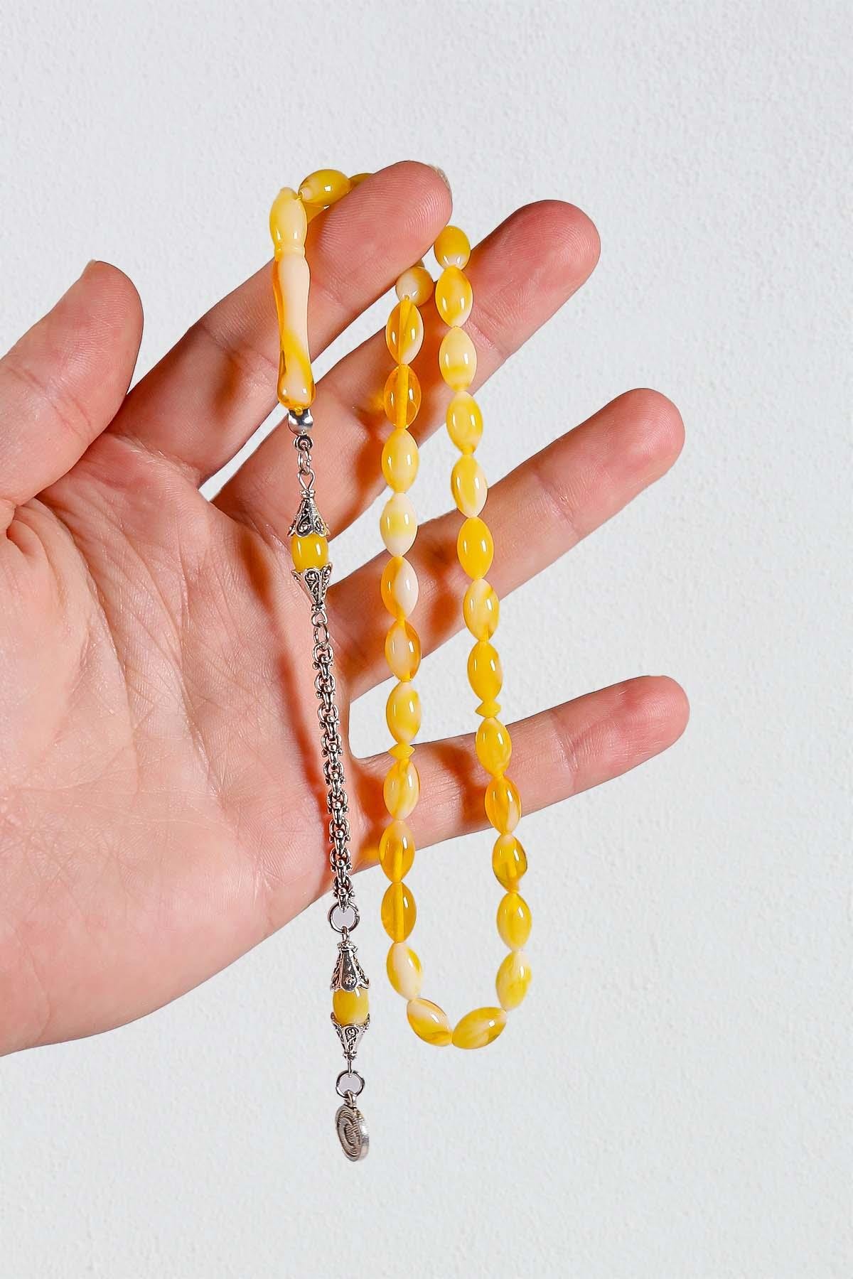 Zarif Model Sarı Beyaz Lekeli Toz Kehribar Tesbih