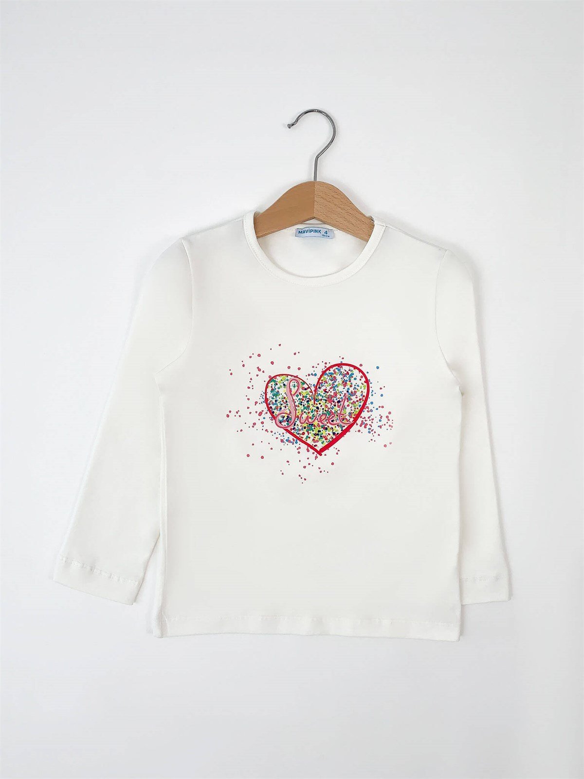 2101021 Kız Çocuk Kalpli Uzun Kol T-Shirt Ekru