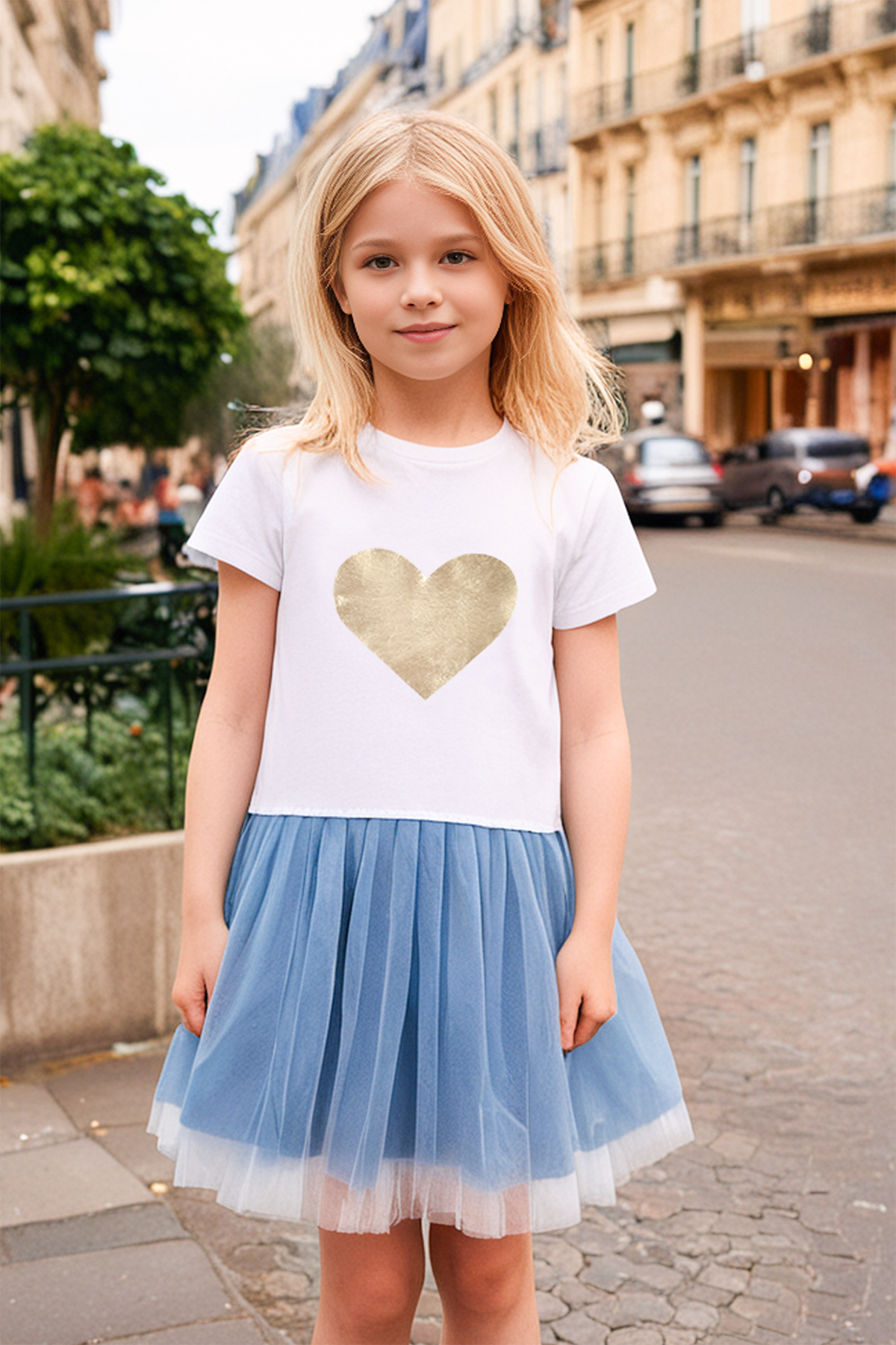 Mavipink 24SS011011 Altın Varaklı Kalpli Mavi Elbise