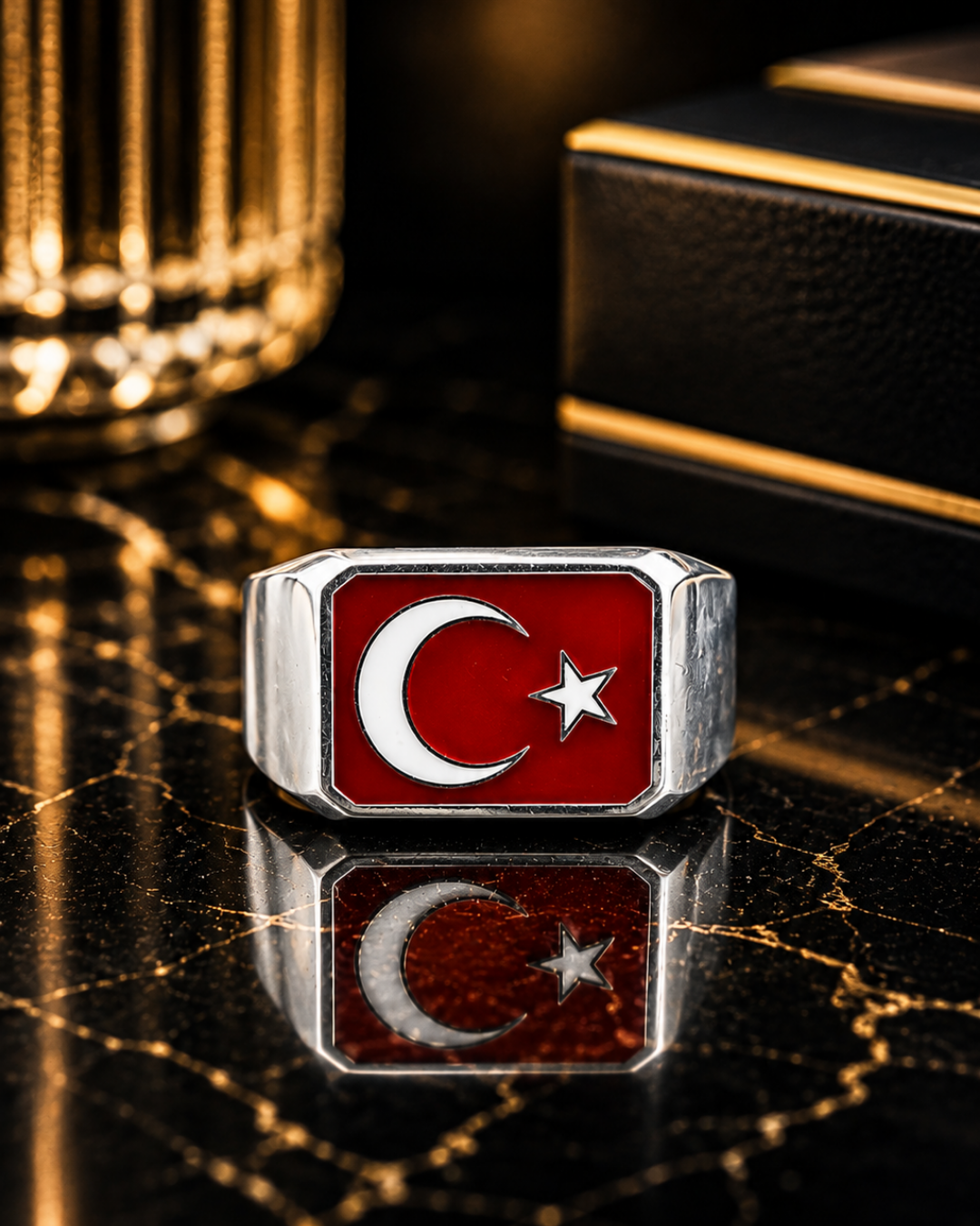 Ay Yıldız Mineli Gümüş Erkek Yüzük