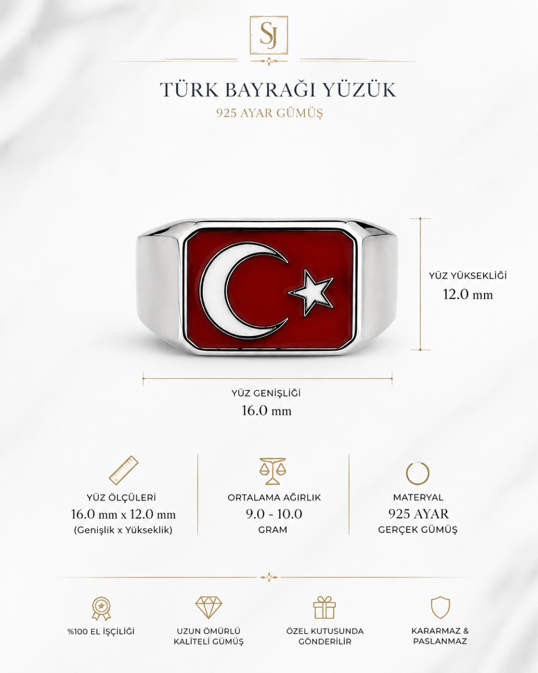 Ay Yıldız Mineli Gümüş Erkek Yüzük
