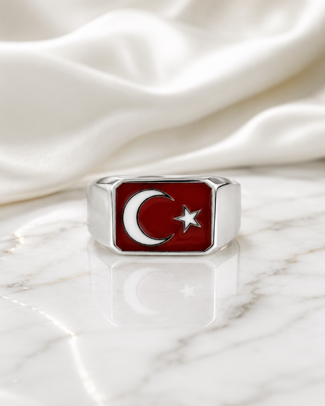 Ay Yıldız Mineli Gümüş Erkek Yüzük