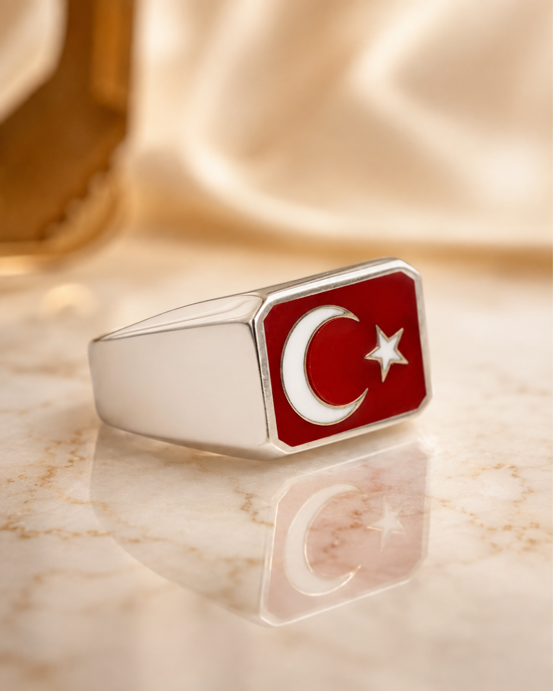 Ay Yıldız Mineli Gümüş Erkek Yüzük
