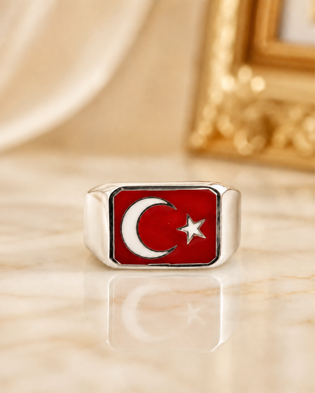 Ay Yıldız Mineli Gümüş Erkek Yüzük