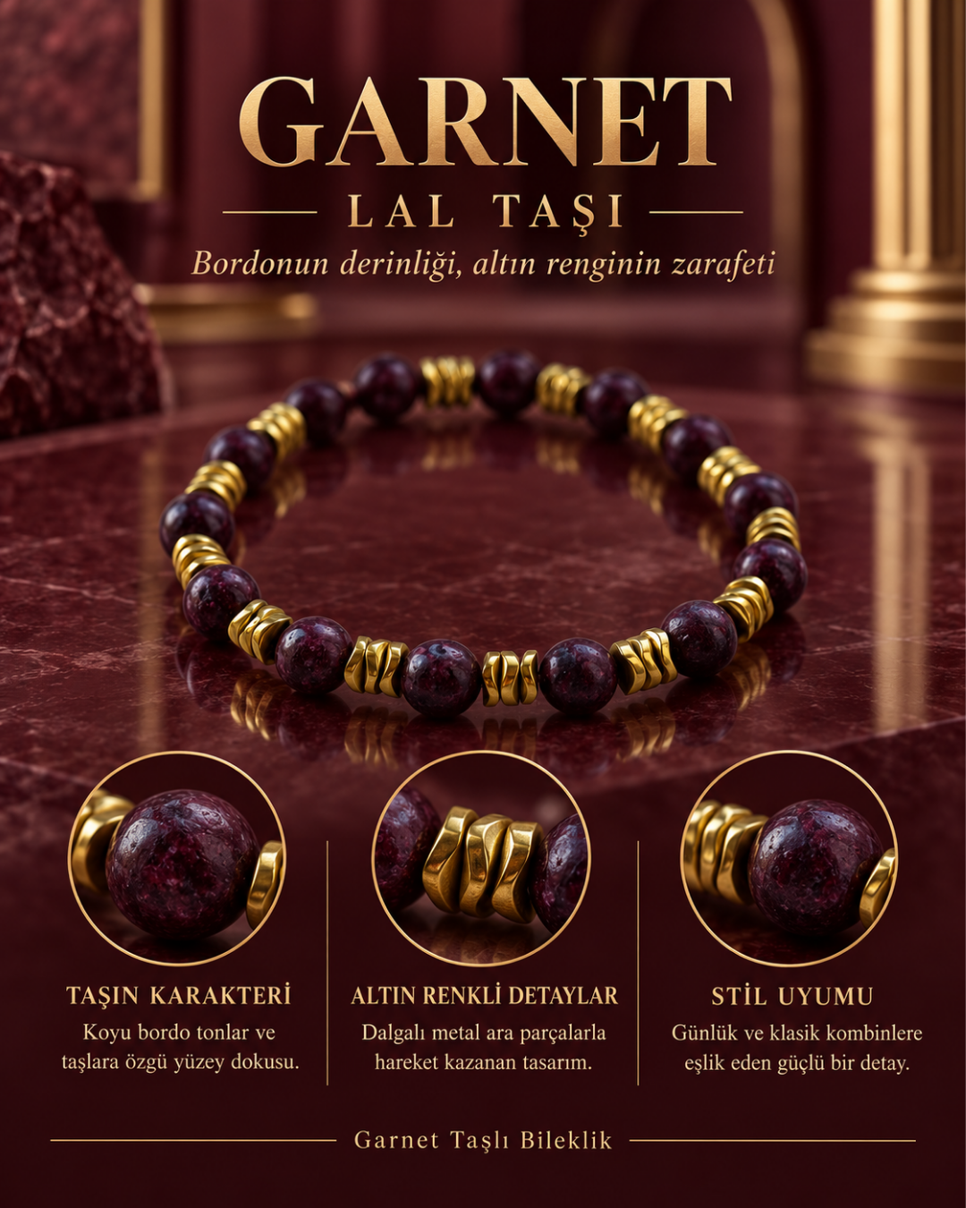 Bordo Ritim Garnet Taşlı Bileklik