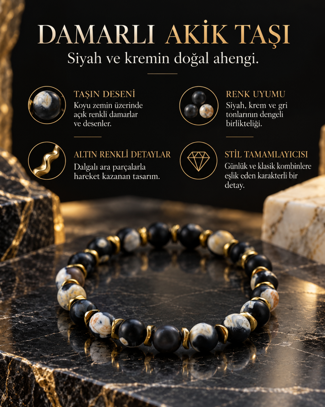 Gece Mermeri Damarlı Akik Bileklik