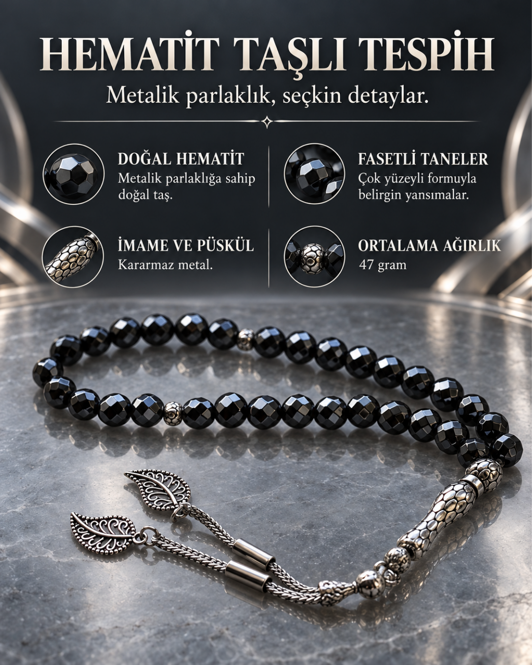 Gece Sükûnu Hematit Taşlı Tespih