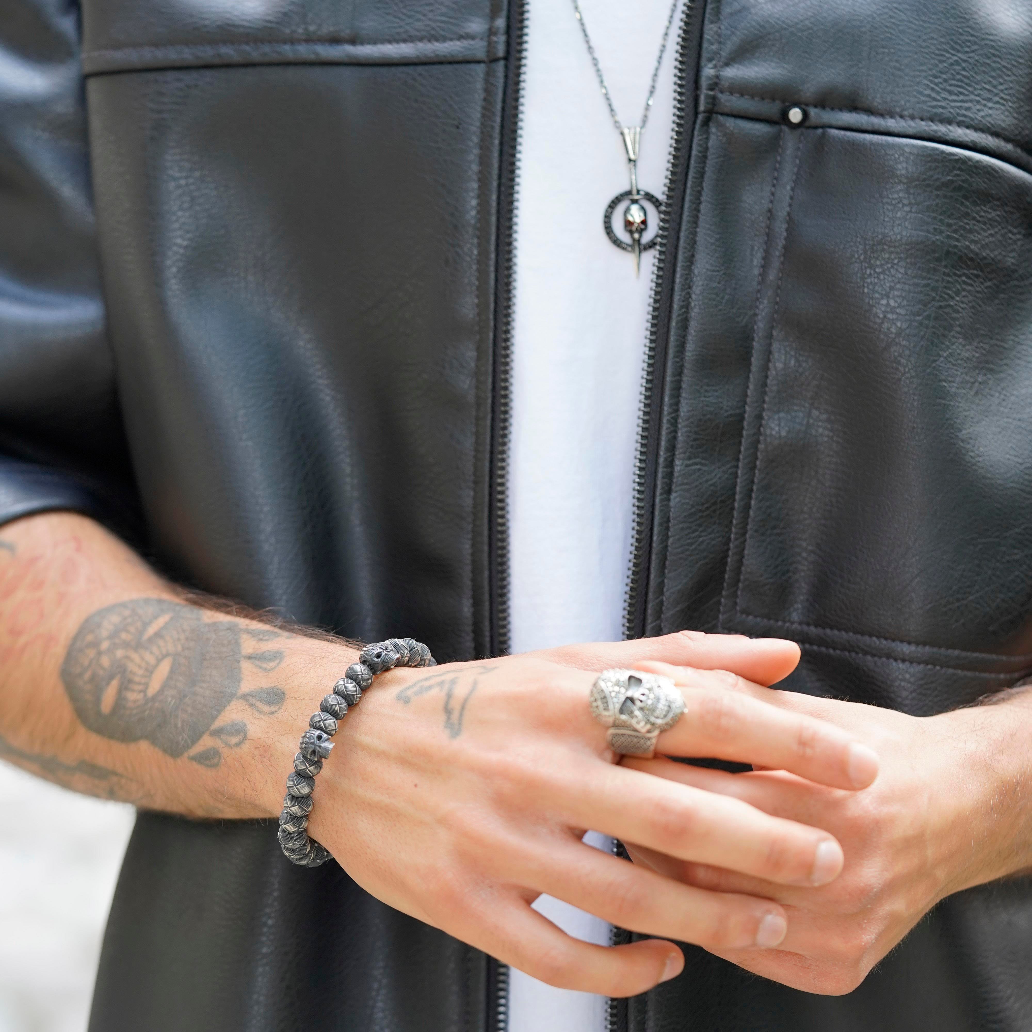 Luxury 2 Skulls Oxidized Silver Bracelet