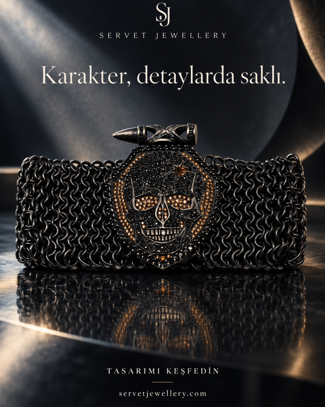 Pırlanta Süslü Kuru Kafa Zırh Bileklik