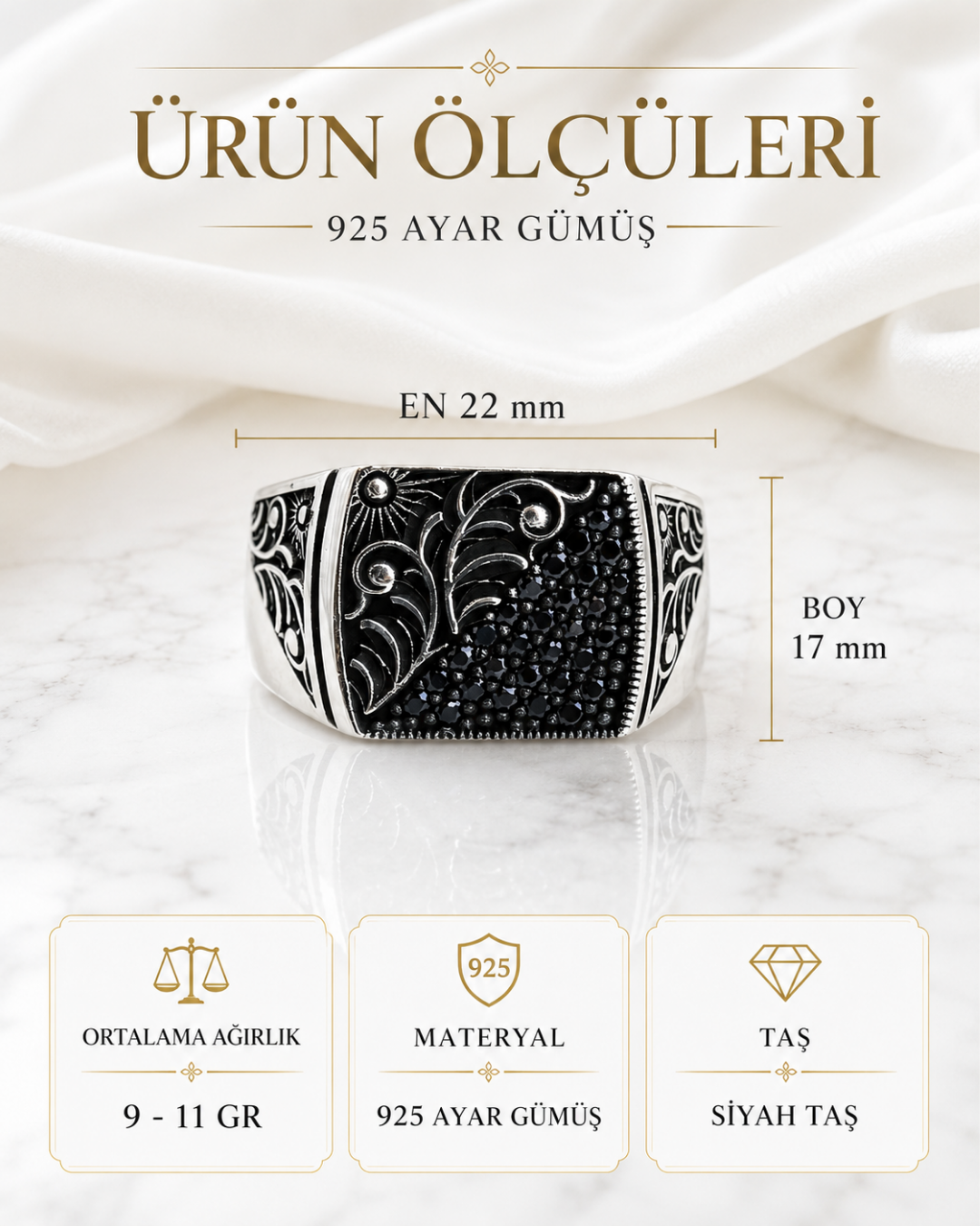 Siyah Taşlı Motif İşlemeli Gümüş Erkek Yüzüğü