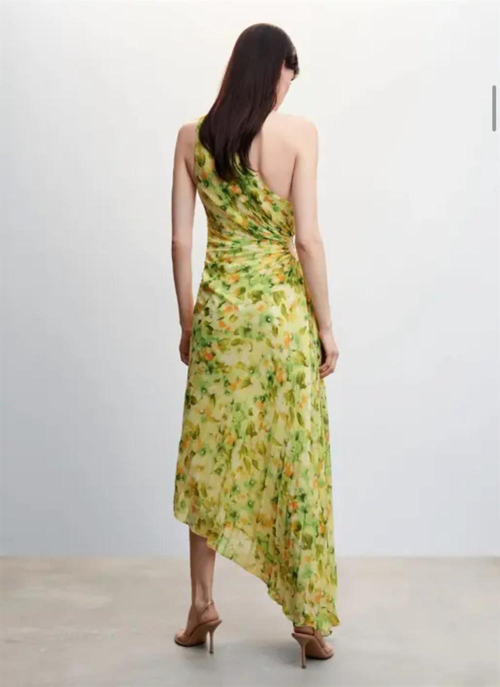 Asimetrik Kesim Pİliseli Floral Tasarım Elbise