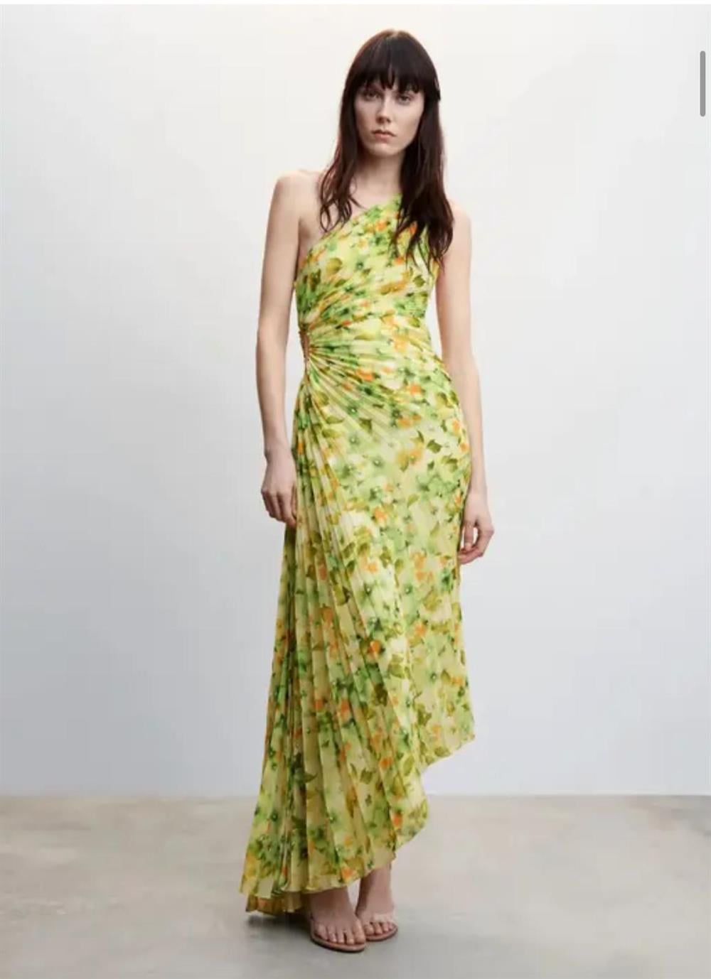 Asimetrik Kesim Pİliseli Floral Tasarım Elbise