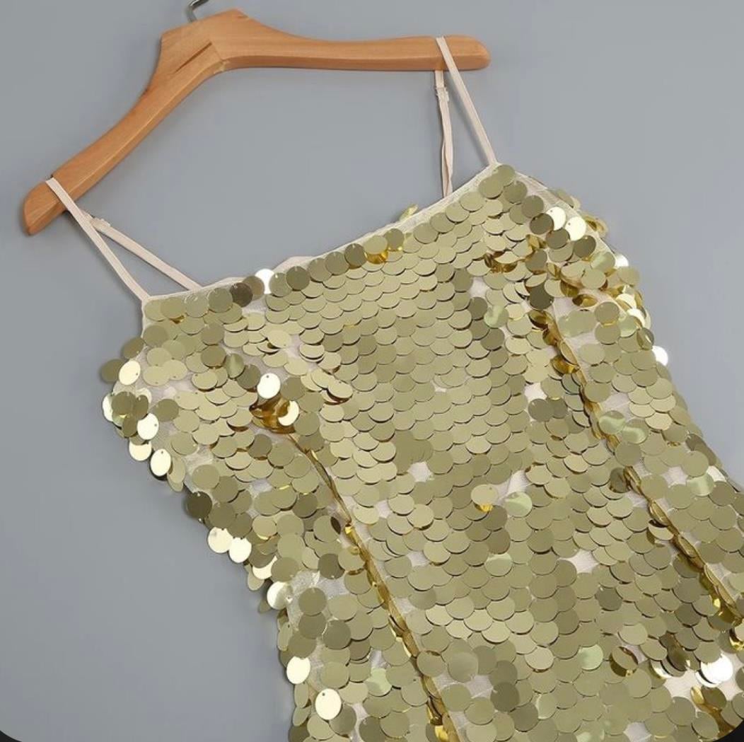 Askılı Gold Pullu Midi Tasarım Elbise