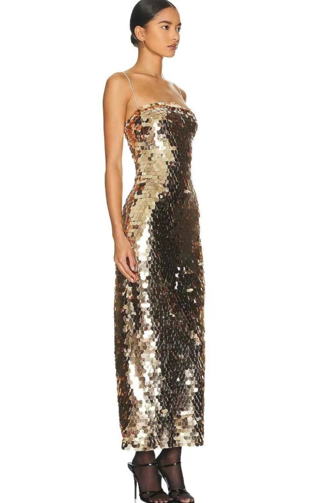 Askılı Gold Pullu Midi Tasarım Elbise