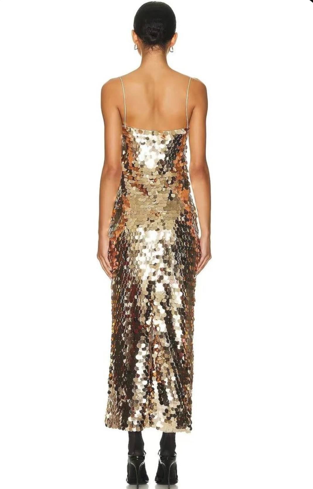 Askılı Gold Pullu Midi Tasarım Elbise