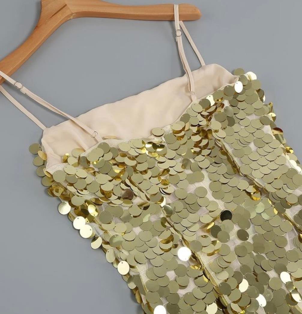 Askılı Gold Pullu Midi Tasarım Elbise