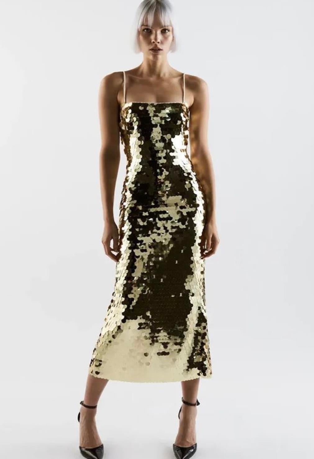 Askılı Gold Pullu Midi Tasarım Elbise