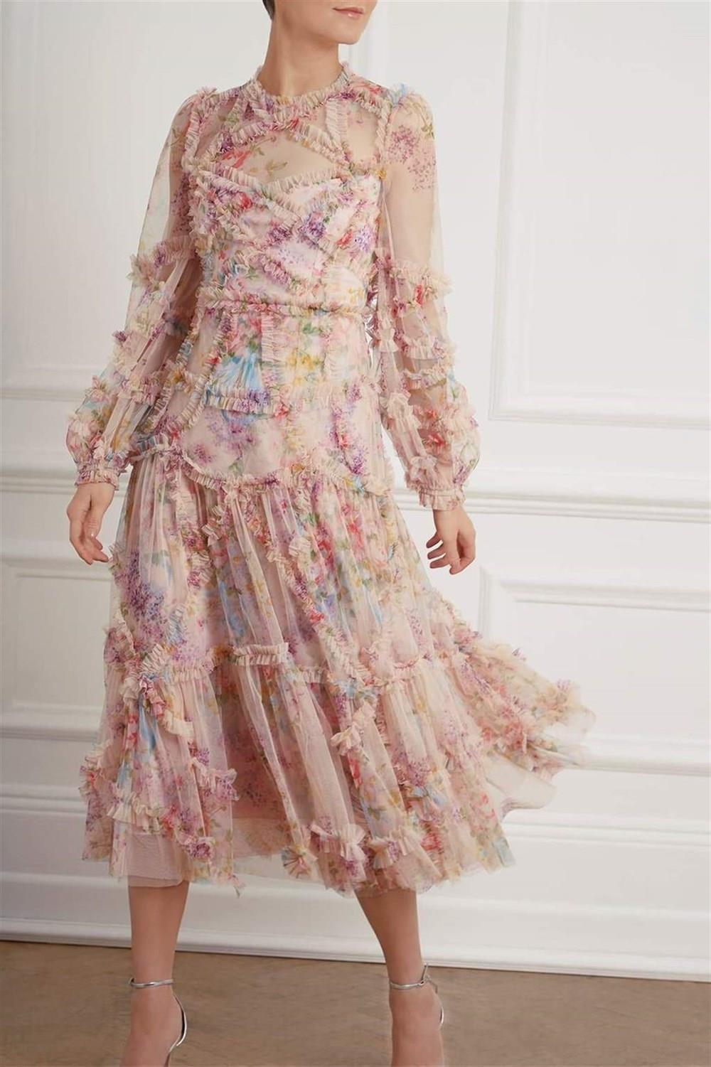 Beyaz Floral Maxi Tasarım Elbise