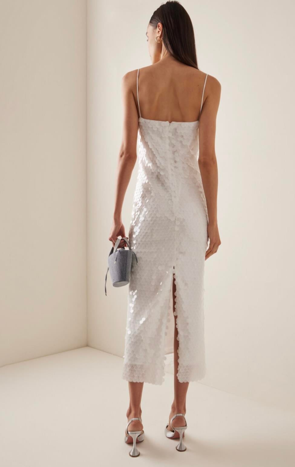 Beyaz Pullu Midi Tasarım Elbise