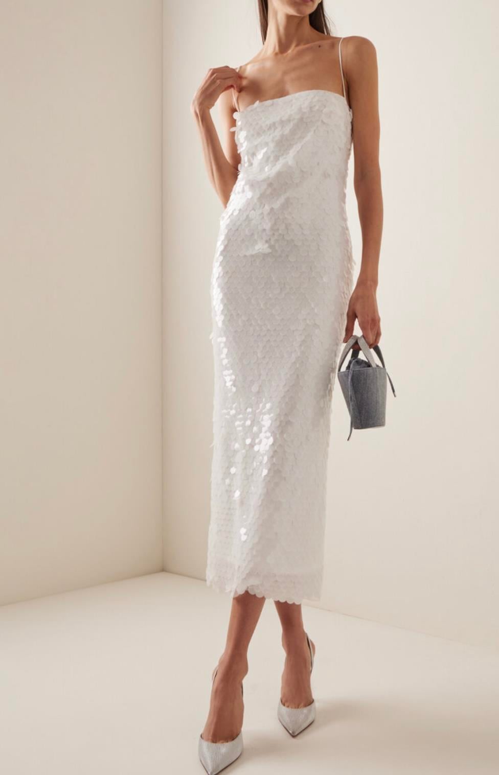 Beyaz Pullu Midi Tasarım Elbise