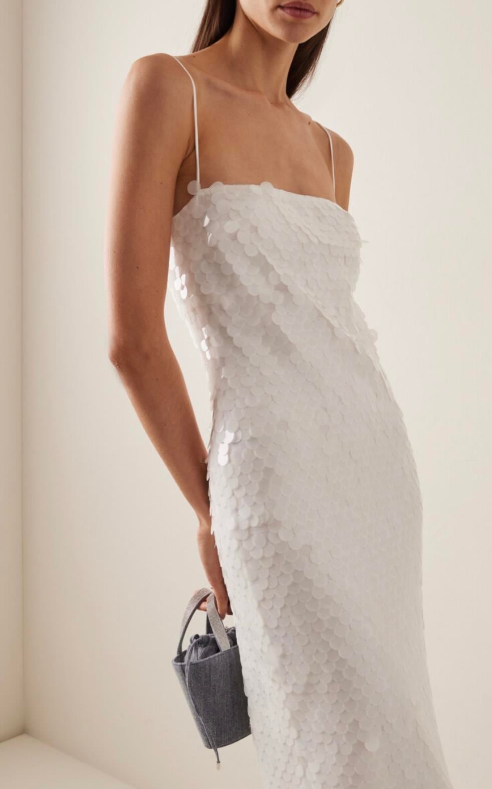 Beyaz Pullu Midi Tasarım Elbise