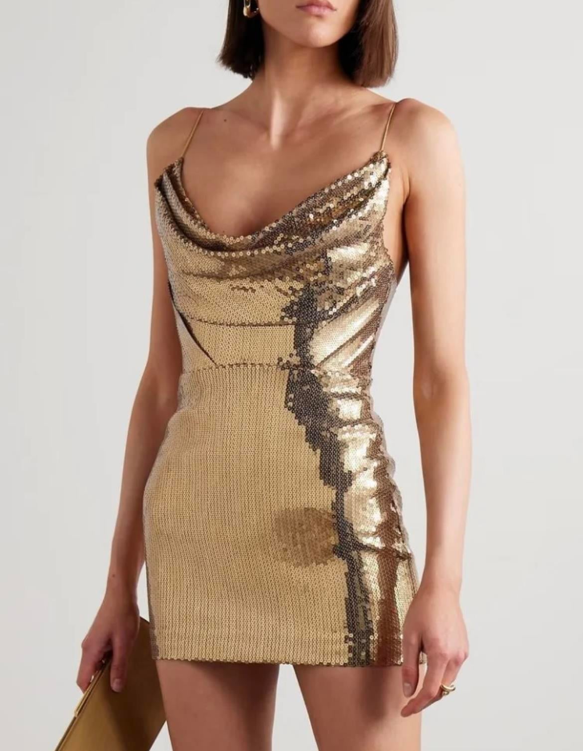 Gold Mini Askılı Tasarım Elbise