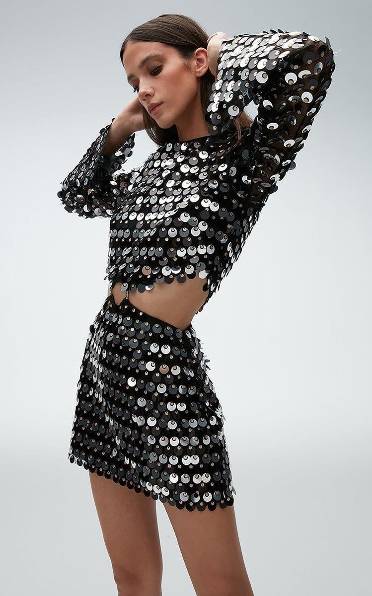 Pullu Bel Detay Siyah Mini Elbise