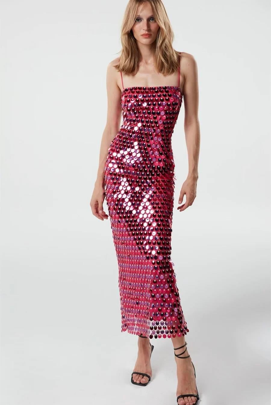 Pullu Fuşya Midi Tasarım Elbise