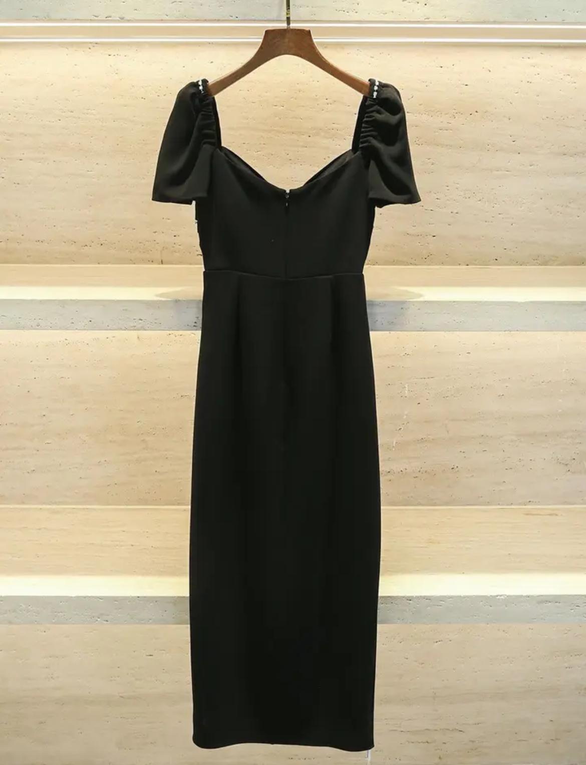 Siyah Swarovski Detay Midi Tasarım Elbise