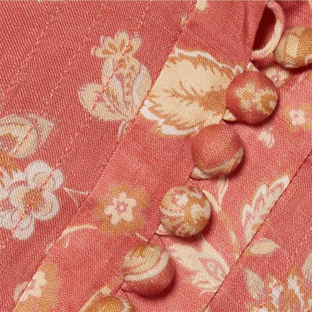 Uzun Kollu Mini Floral Düğme Detay Tasarım Elbise