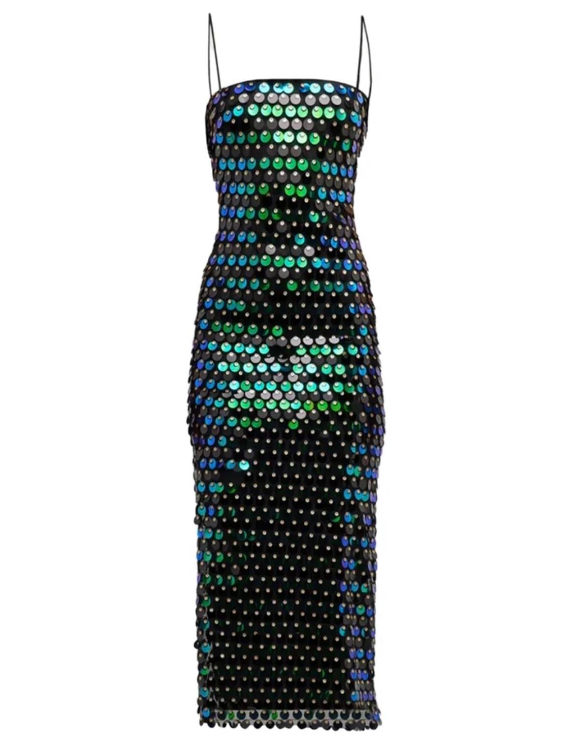 Yeşil Askılı Pullu Midi Tasarım Elbise