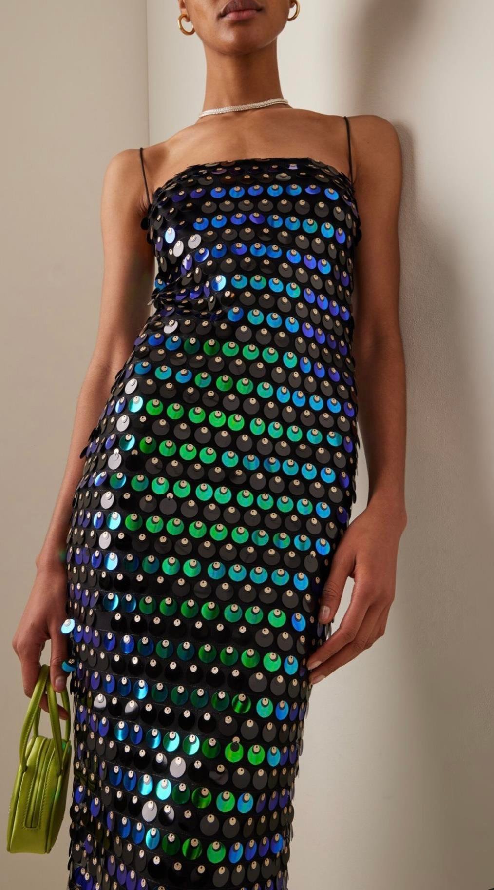 Yeşil Askılı Pullu Midi Tasarım Elbise