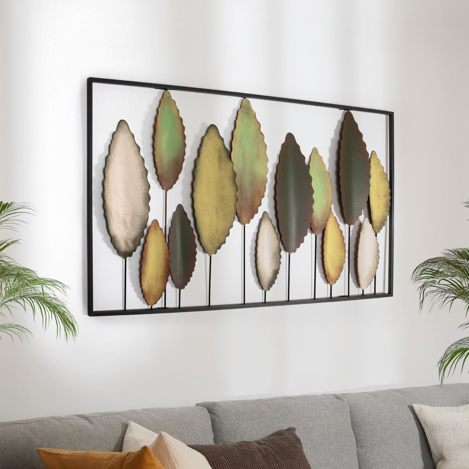 Bilgen Büyük Boy Metal Duvar Tablosu 114x60 cm – El Boyaması Botanik Yaprak Tasarımı, Yeşil ve Altın Tonlar
