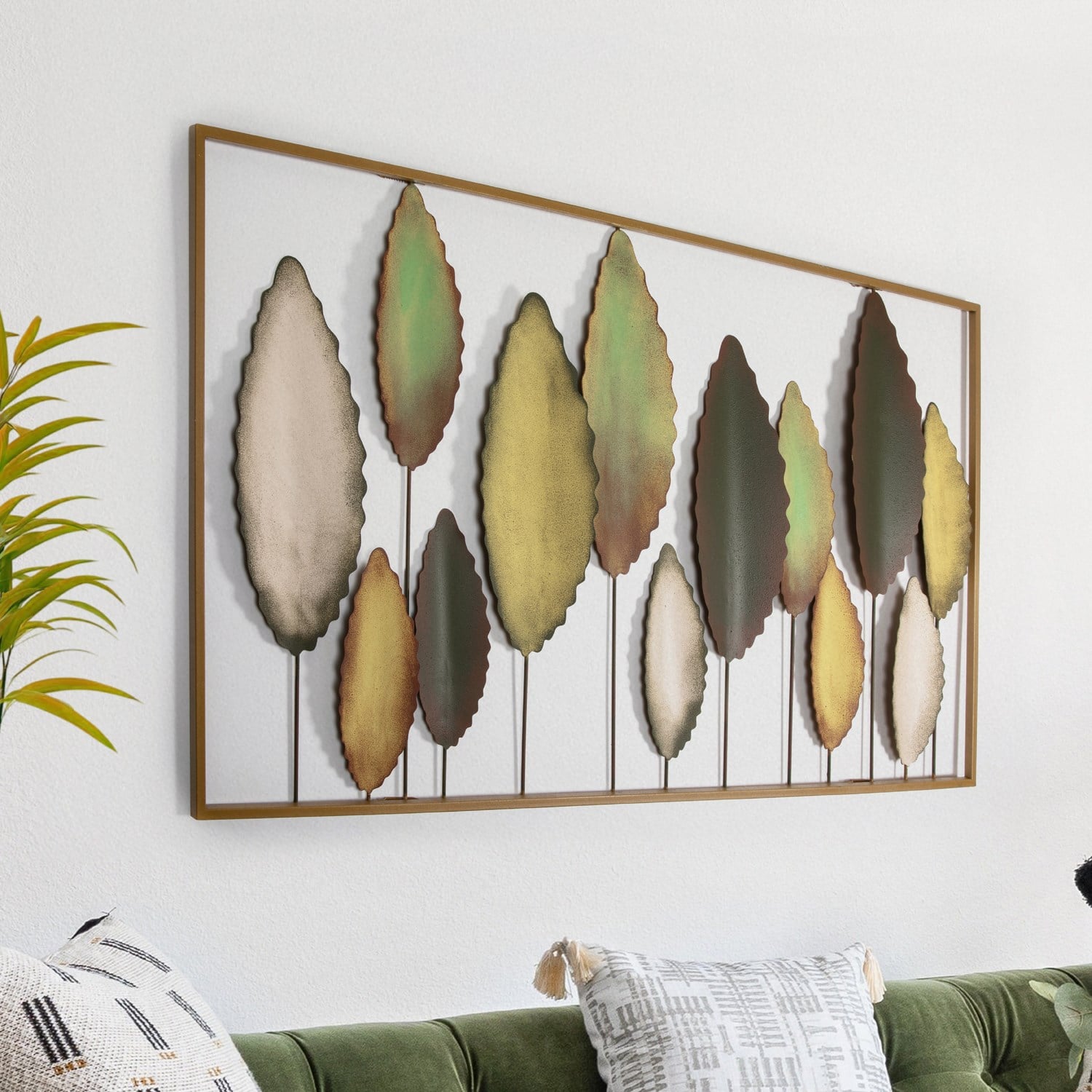 Bilgen Gold Çerçeveli El Boyaması Metal Yapraklar Duvar Tablosu 114x60 cm | Yeşil, Altın ve Krem Modern Duvar Dekoru
