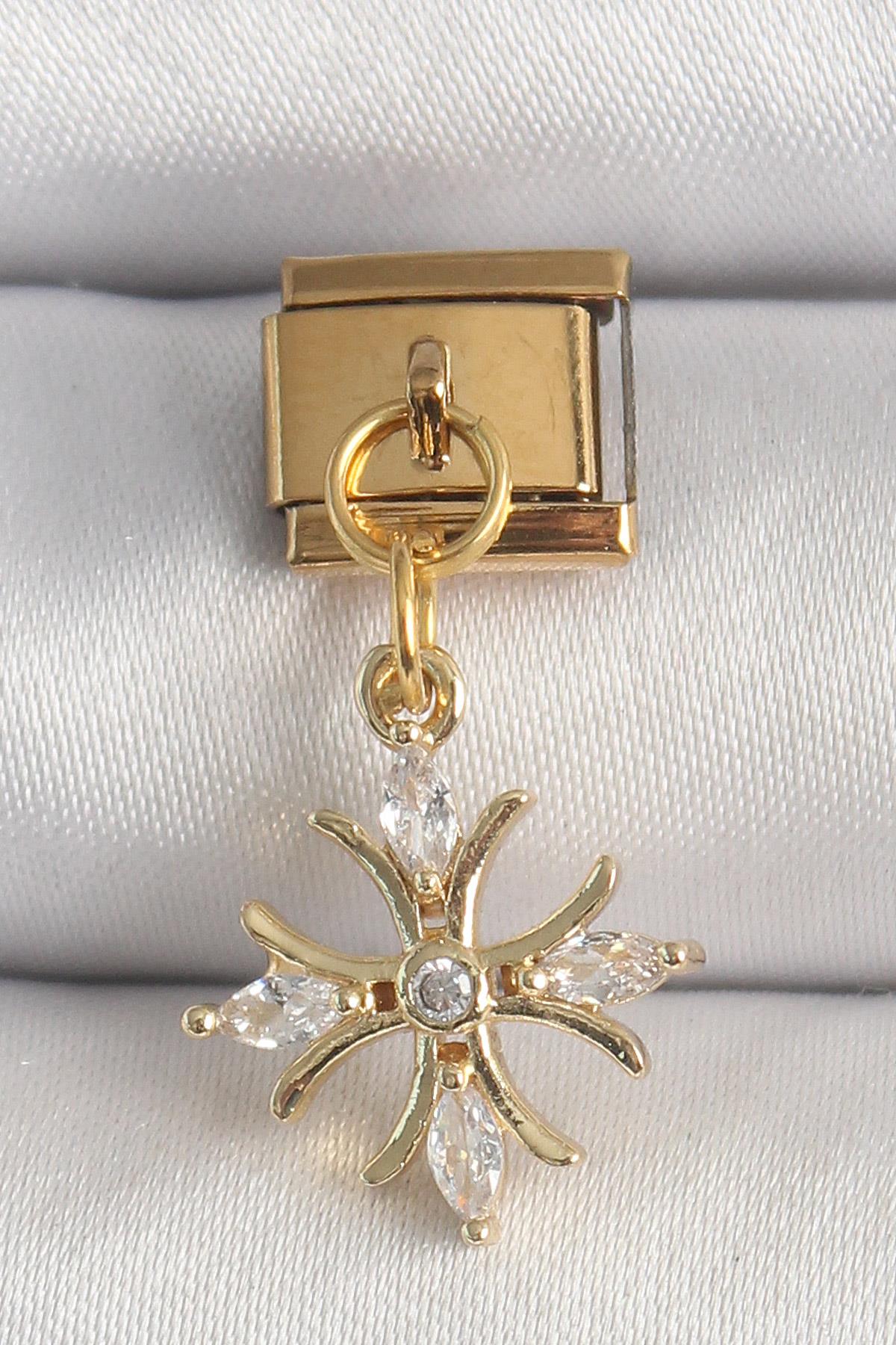 316L Çelik Gold Renk Sallantı Zirkon Taşlı Kar Tanesi Model Nomination Charm