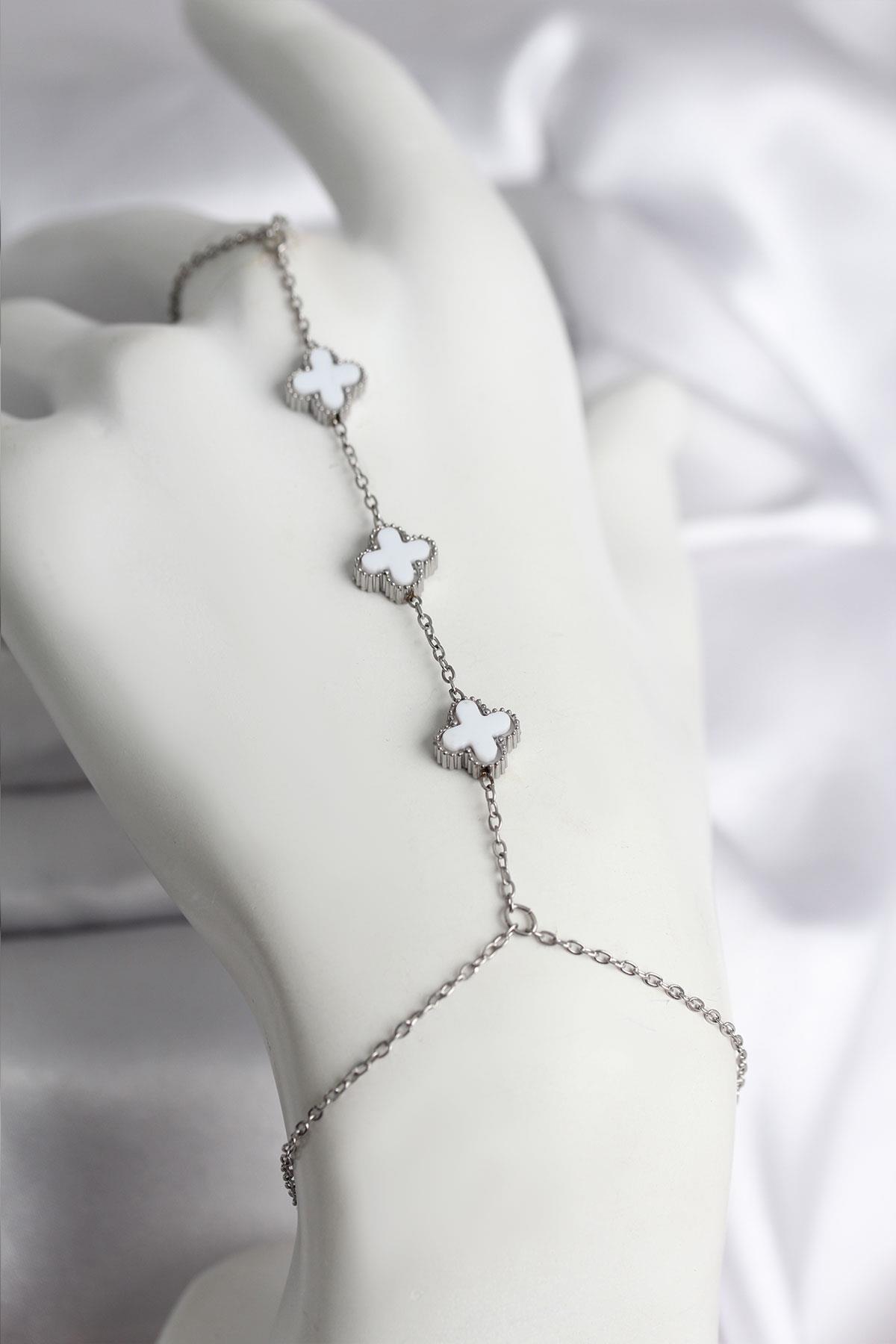 316L Çelik Gümüş Renk Beyaz Yonca Model Kadın Şahmeran