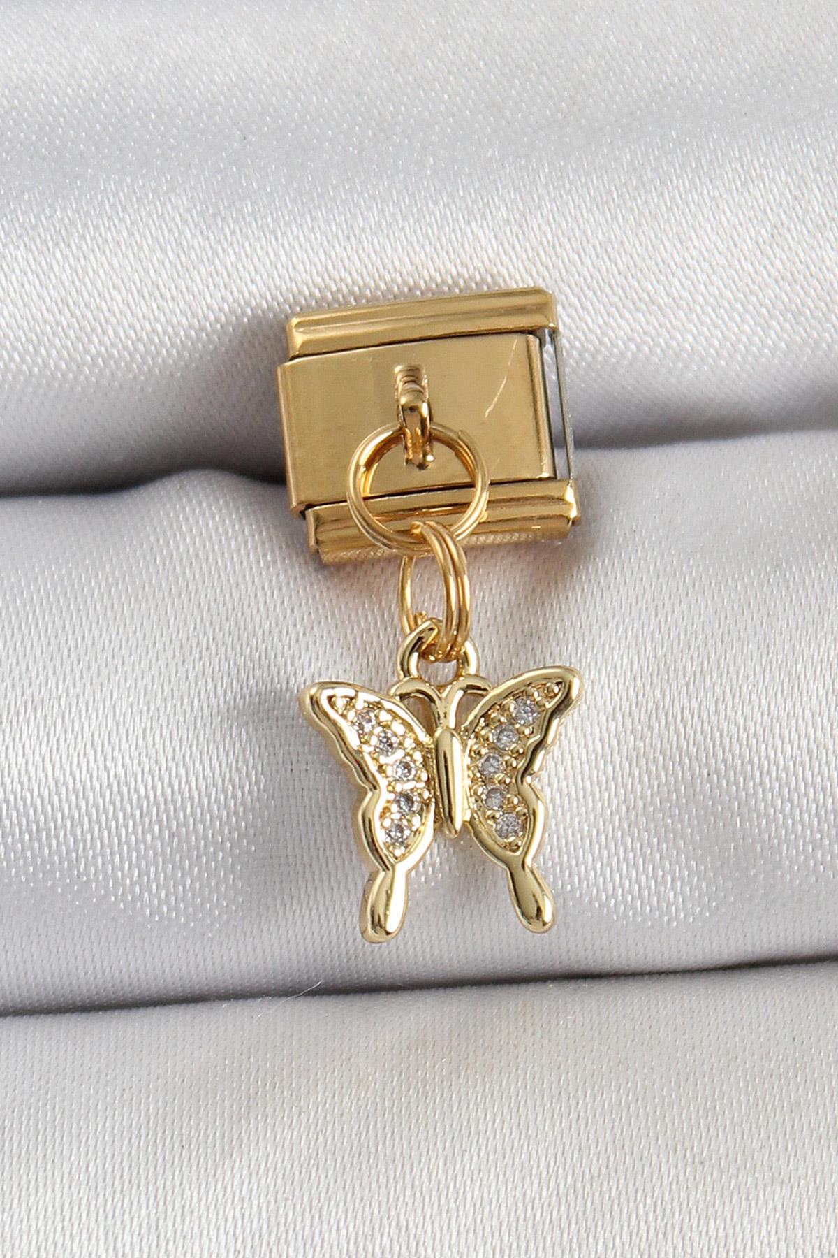 316L Çelik Sallantılı Zirkon Taşlı Kelebek Model Gold Renk Nomination Charm