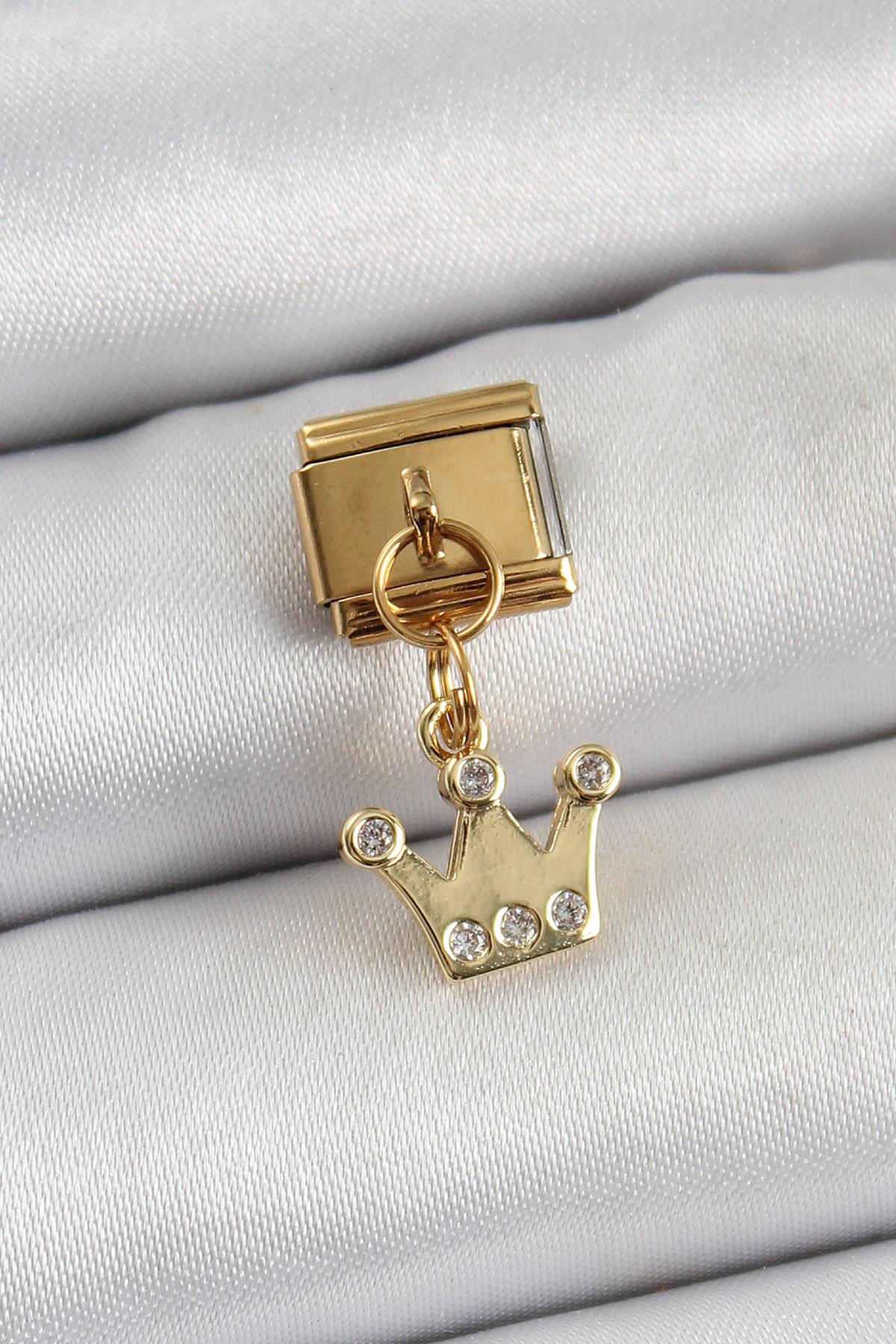 316L Çelik Sallantılı Zirkon Taşlı Kraliçe Tacı Model Gold Renk Nomination Charm