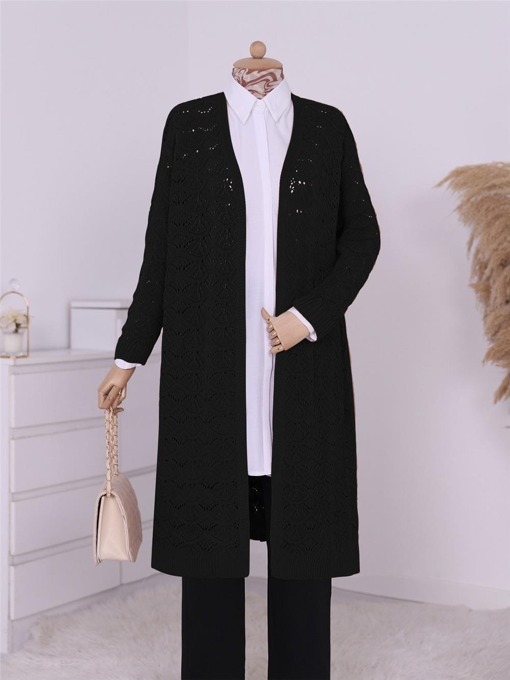 Ajurlu Ara Boy Salaş Triko Hırka -Siyah-109-0422-R01