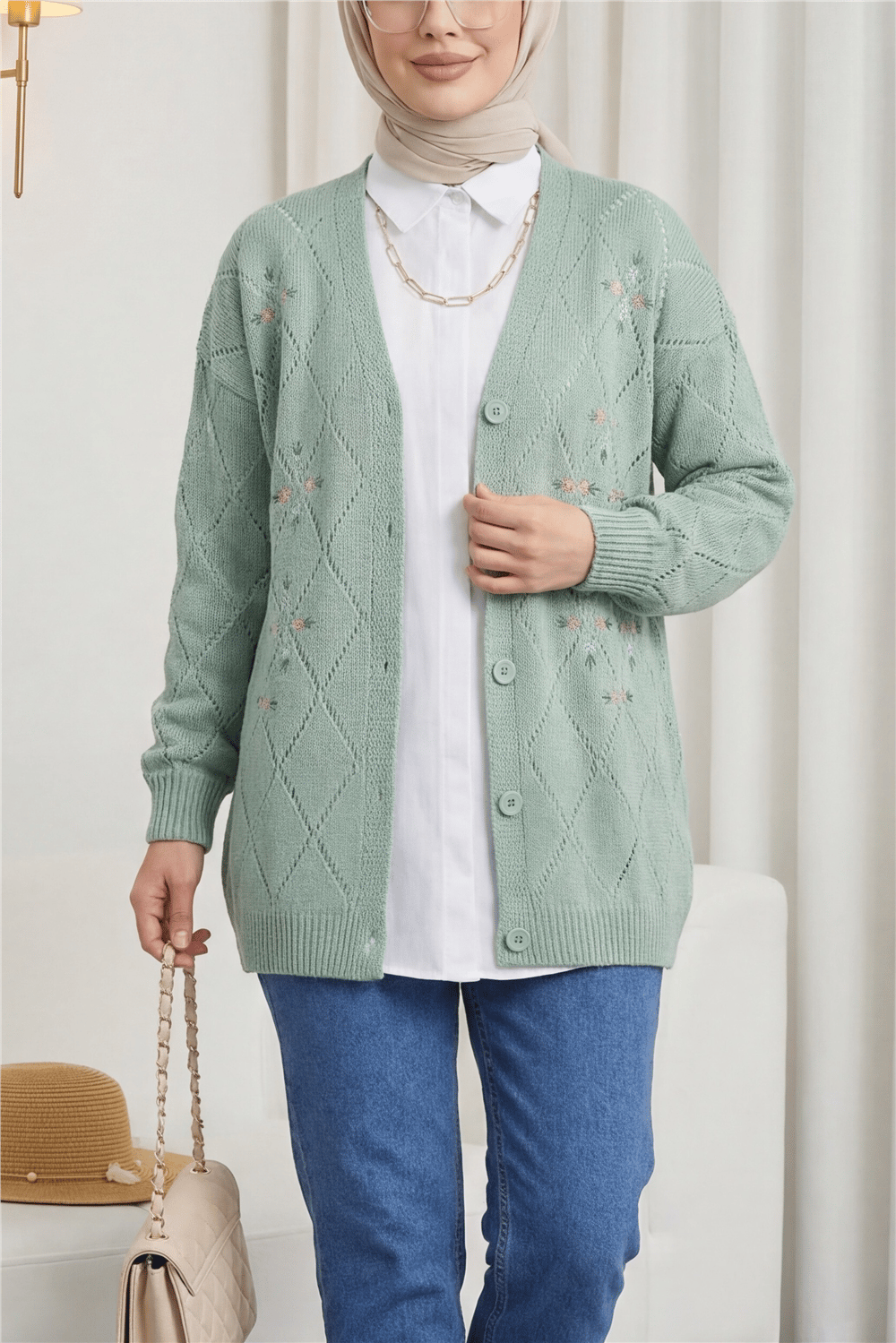Ajurlu Çiçek Nakışlı Düğmeli Triko Hırka -Mint-Triko Hırka-109-0055-R24