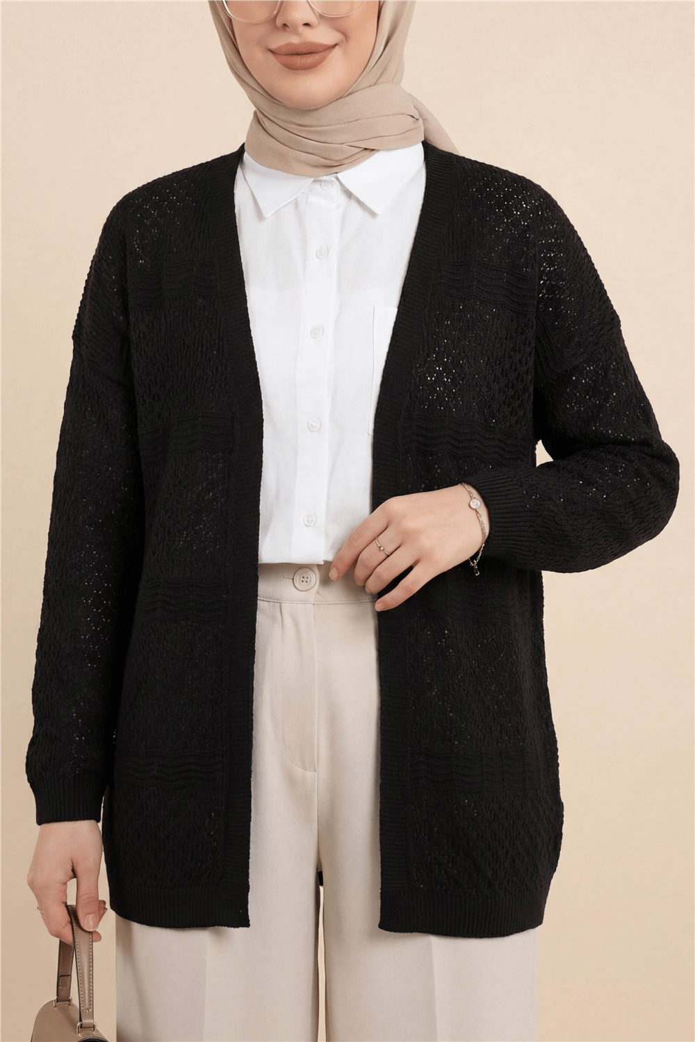 Ajurlu Dalga Desenli Triko Hırka -Kahve-Hırka-109-9796-R15