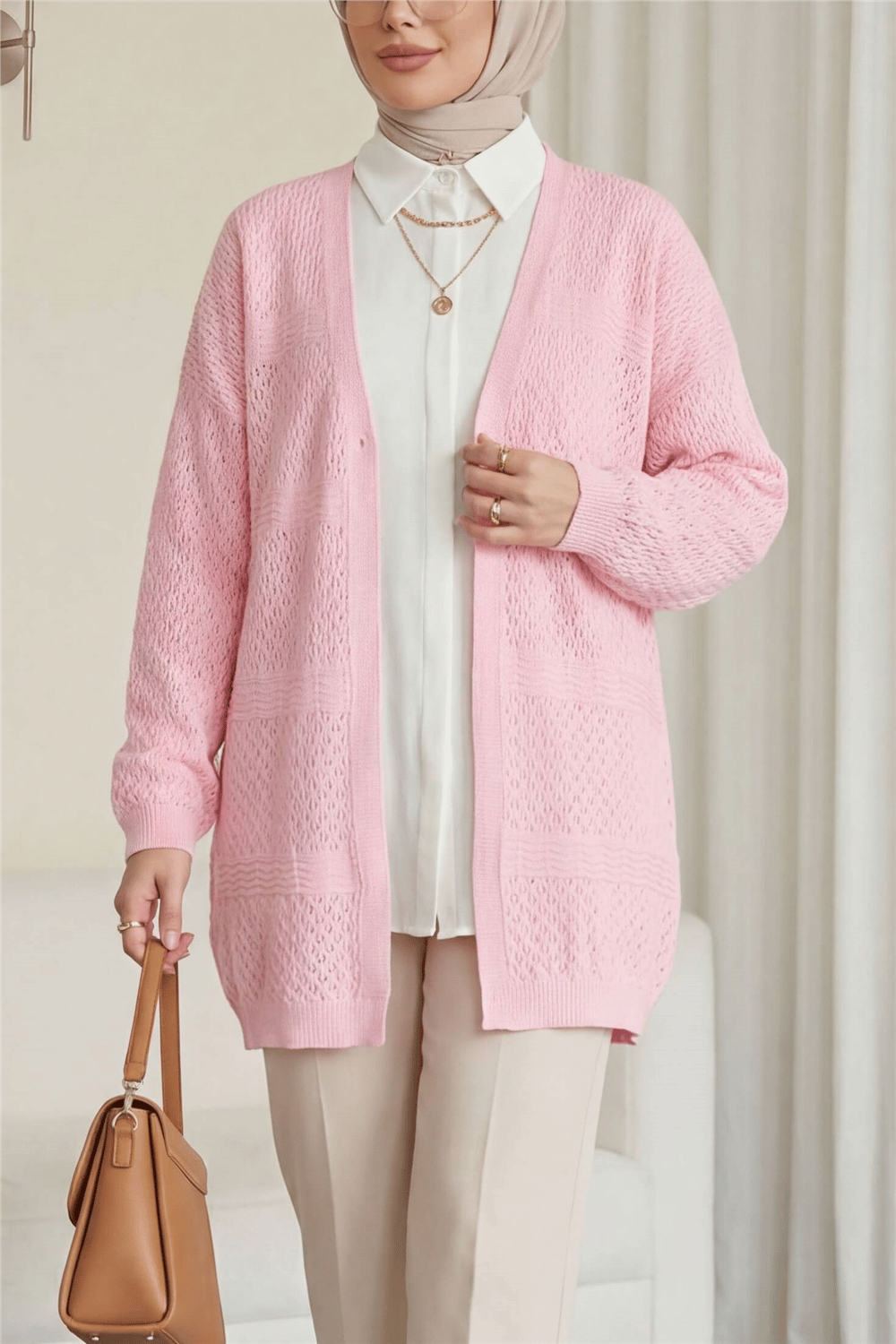 Ajurlu Dalga Desenli Triko Hırka  -Pembe-Hırka-109-9796-R20