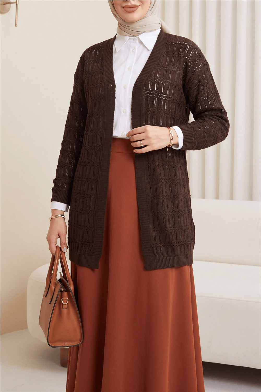 Ajurlu  Desenli Baharlık Hırka  -K. Kahve-Hırka-109-9869-R54