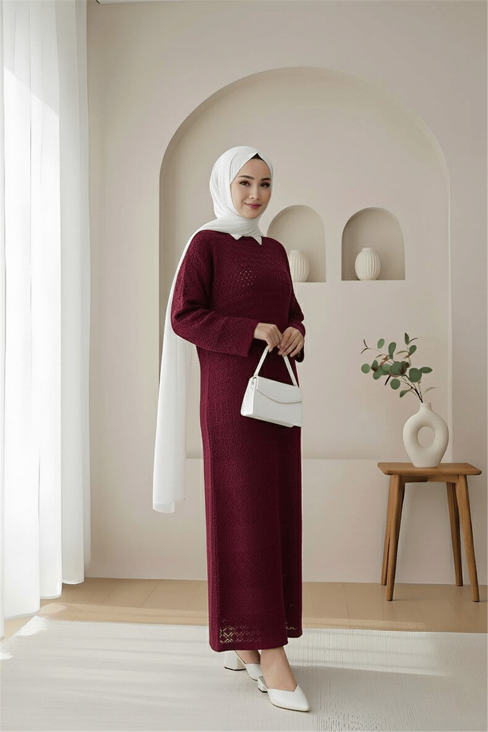 Ajurlu Desenli Triko Elbise -Bordo-Elbise-109-9763-R04