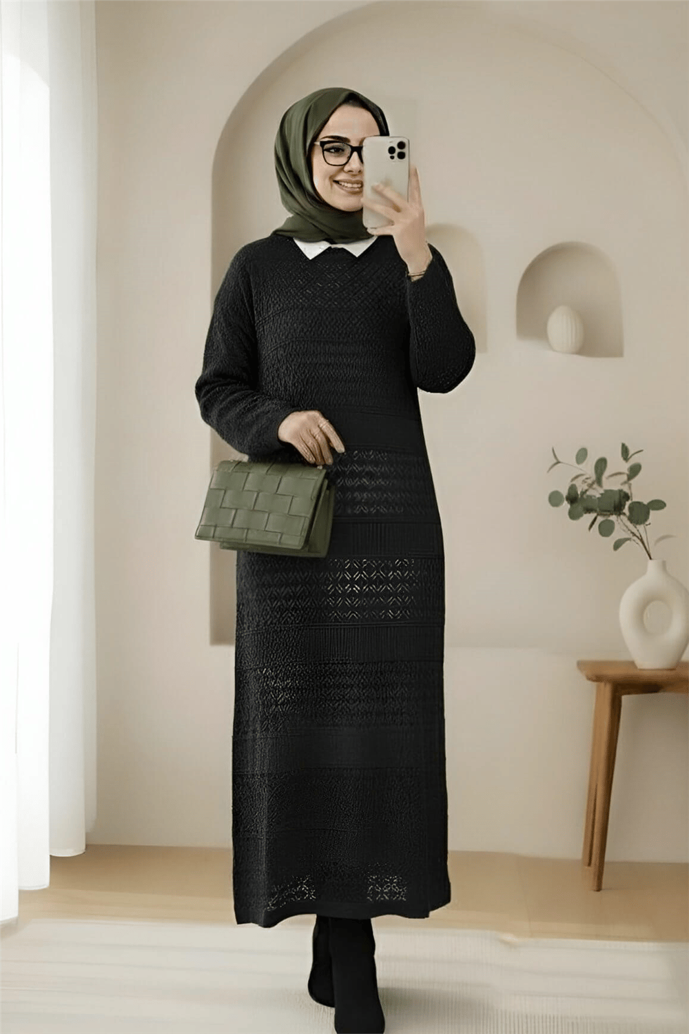 Ajurlu Desenli Triko Elbise -Siyah-Elbise-109-9763-R01