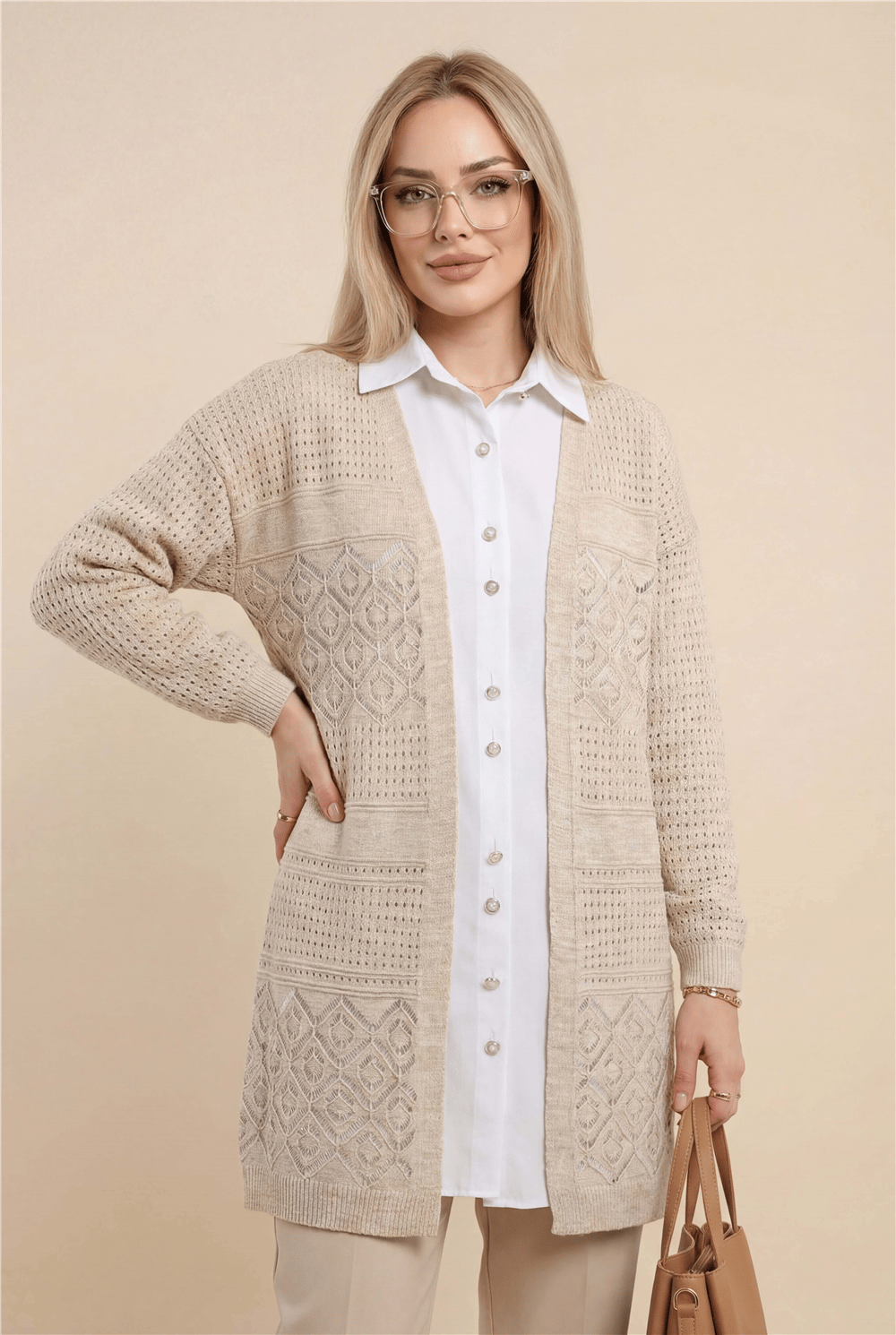 Ajurlu Mevsimlik Triko Hırka  -Taş-Triko Hırka-109-9824-R43