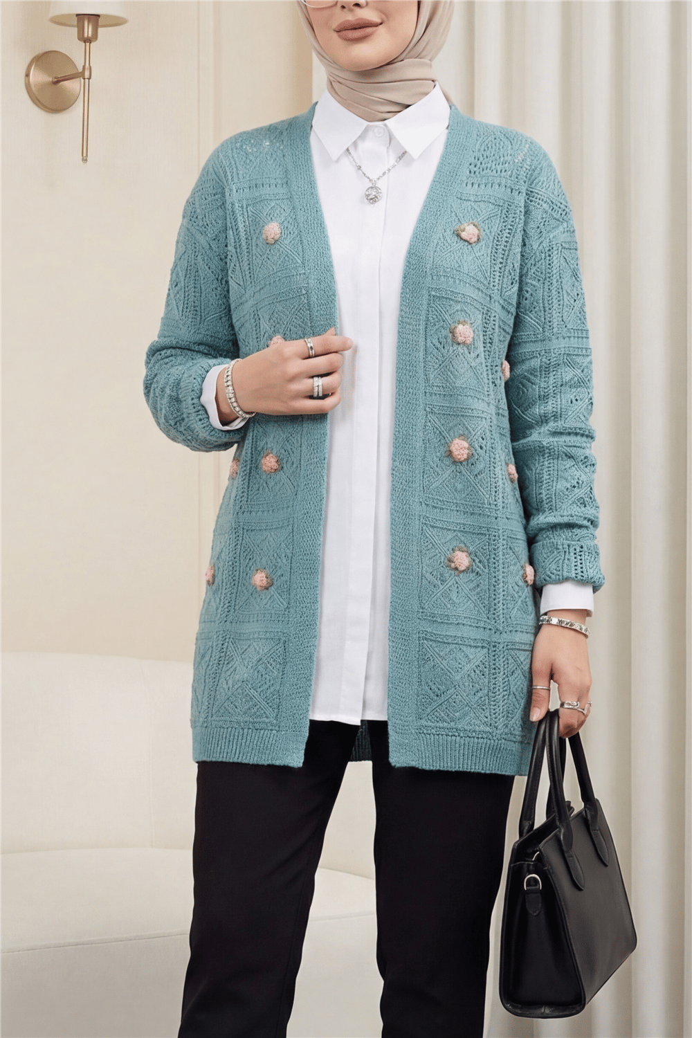 Ajurlu Nakışlı Hırka -Mint-Triko Hırka-109-0104-R24