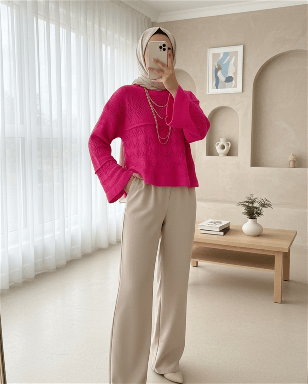 سترة تريكو مخرمة بأكمام طويلة - فوشيا-Kazak-351-3115-R14